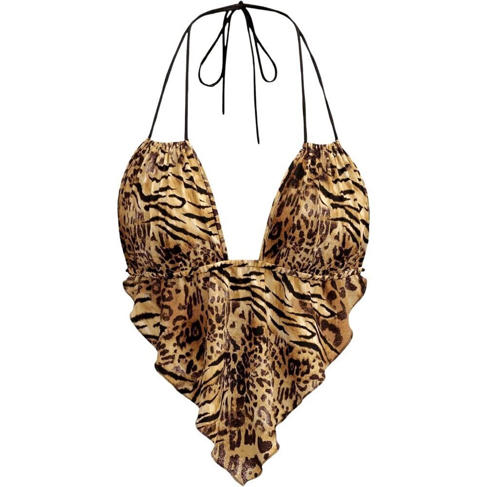 Women's Y2k Leopard Print Crop Top Halter V-Neck Ruffle Clubwear - Picture 1 of 5